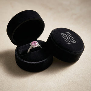 Pink Sapphire & Diamond Halo Ring in 14K White Gold - presentation