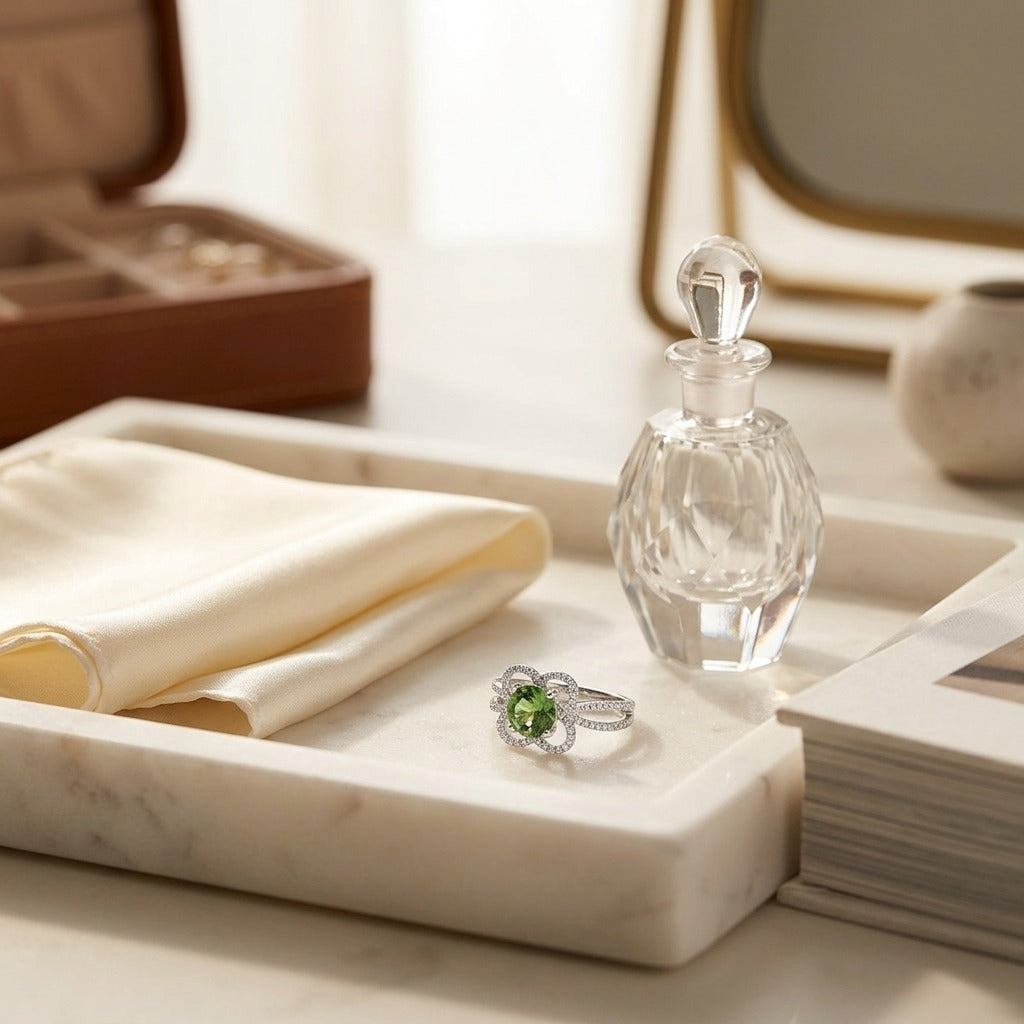 Green Tourmaline & Diamond Flower Basket Ring with Rounded Split Shank in 14K White Gold - editorial