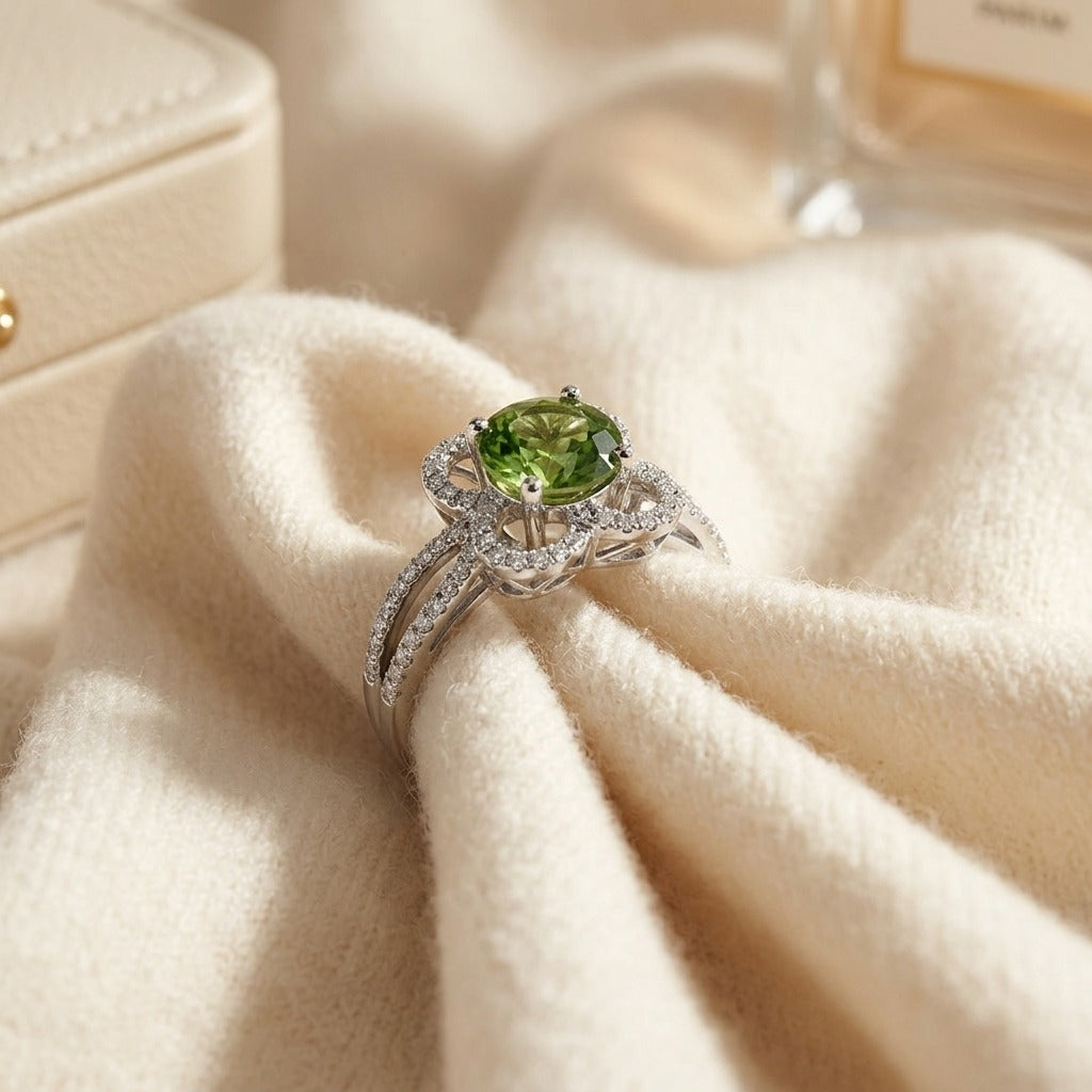 Green Tourmaline & Diamond Flower Basket Ring with Rounded Split Shank in 14K White Gold - flat lay