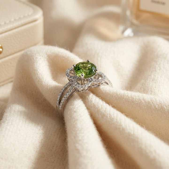 Green Tourmaline & Diamond Flower Basket Ring with Rounded Split Shank in 14K White Gold - flat lay