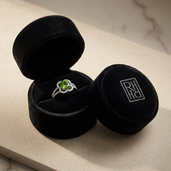 Green Tourmaline & Diamond Flower Basket Ring with Rounded Split Shank in 14K White Gold - presentation