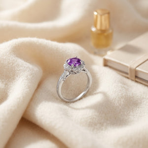 Pink Sapphire & Diamond Floral Halo Ring in 14K White Gold - flat lay