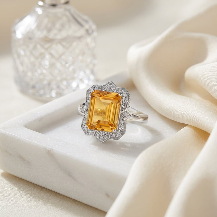 Citrine Emerald Cut & Diamond Ring in 14K White Gold - lifestyle