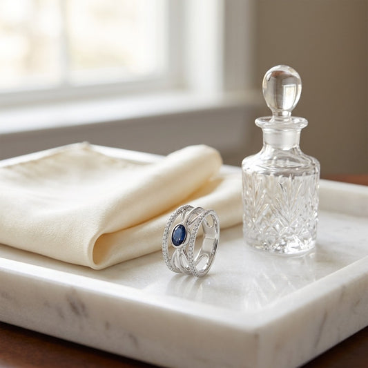 Sapphire & Diamond Open Work Ring in 14K White Gold - editorial