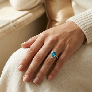 Blue Topaz & Diamond Pear Shape Halo Ring in 14K White Gold - lifestyle