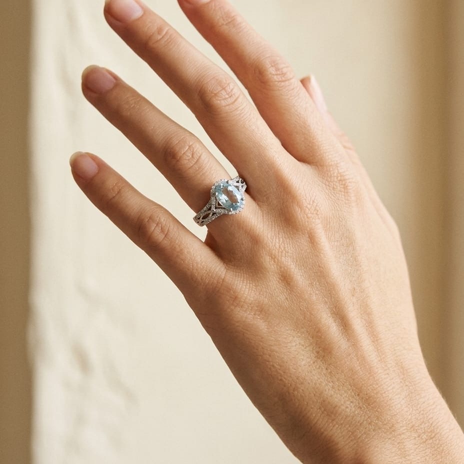 Aquamarine Oval & Diamond Ring in 14K White Gold - editorial
