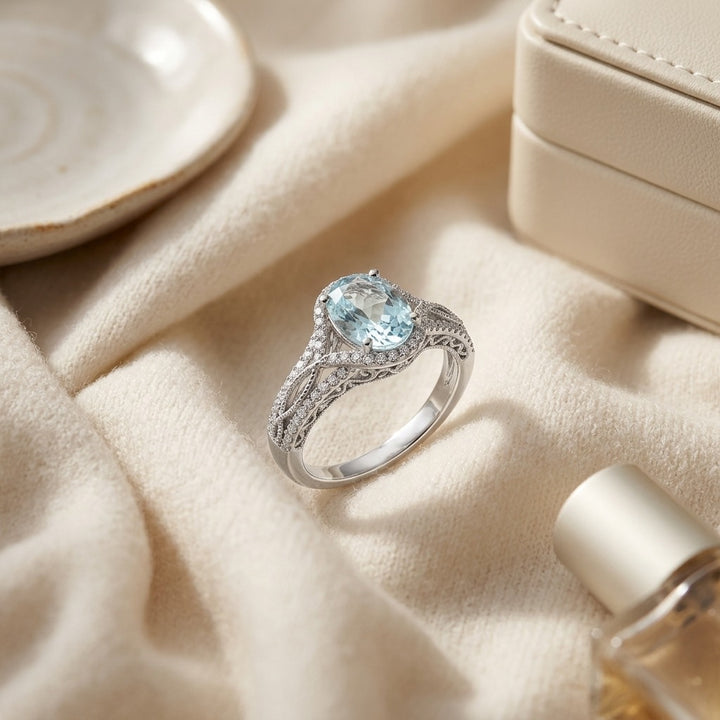 Aquamarine Oval & Diamond Ring in 14K White Gold - flat lay