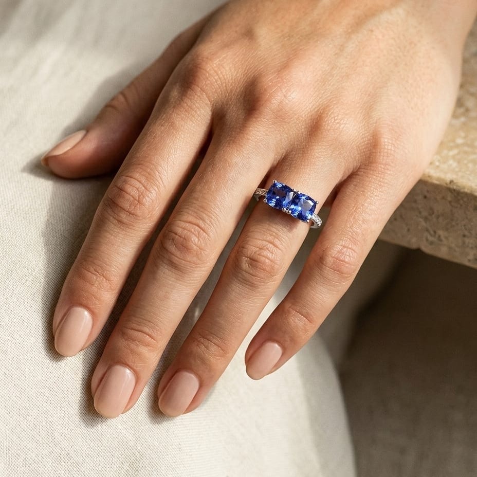 Tanzanite Double Stone & Diamond Pave Shank Ring in 14K White Gold - editorial