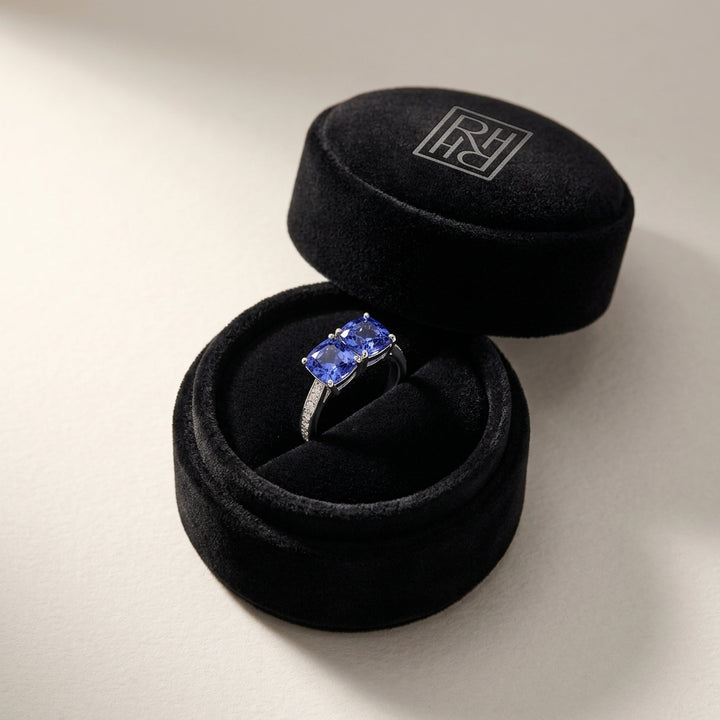 Tanzanite Double Stone & Diamond Pave Shank Ring in 14K White Gold - presentation