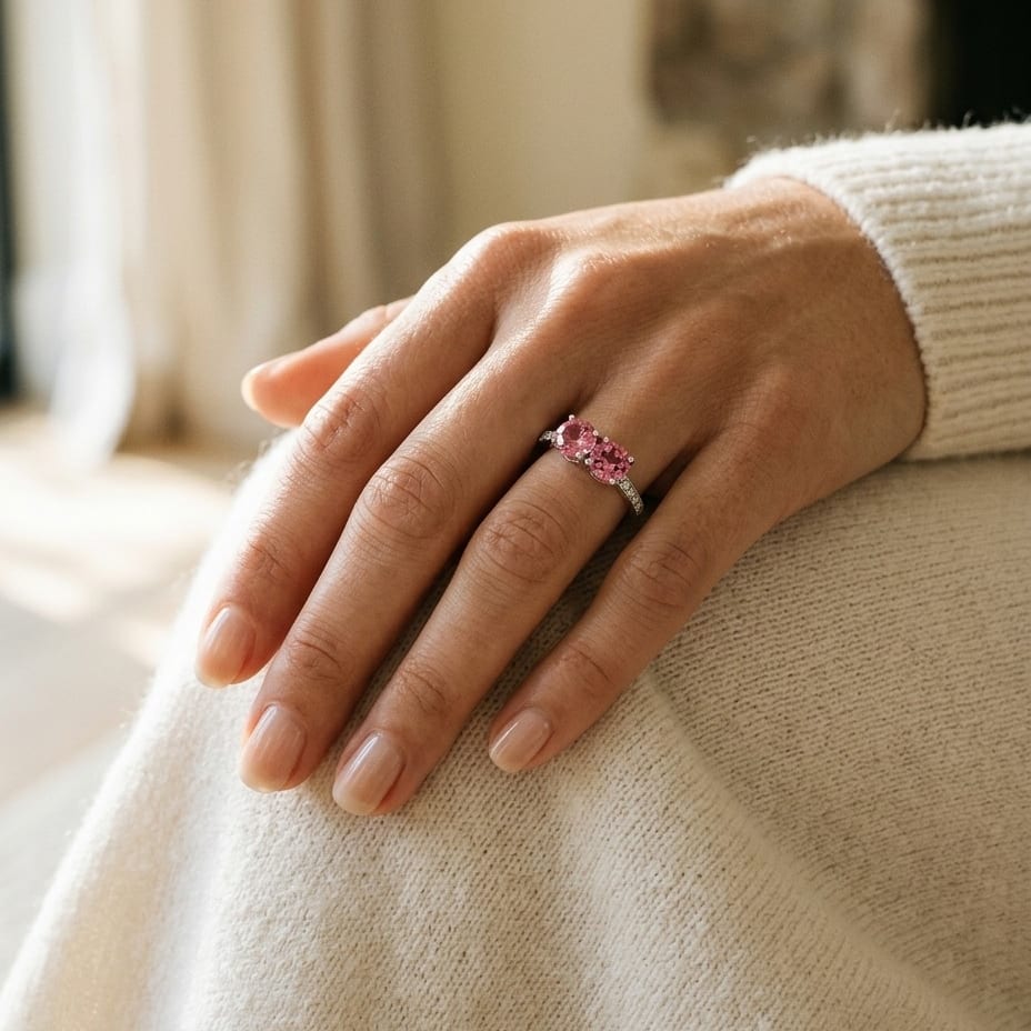 Pink Tourmaline Double Stone & Diamond Pave Shank Ring in 14K White Gold - editorial
