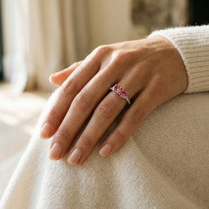 Pink Tourmaline Double Stone & Diamond Pave Shank Ring in 14K White Gold - editorial