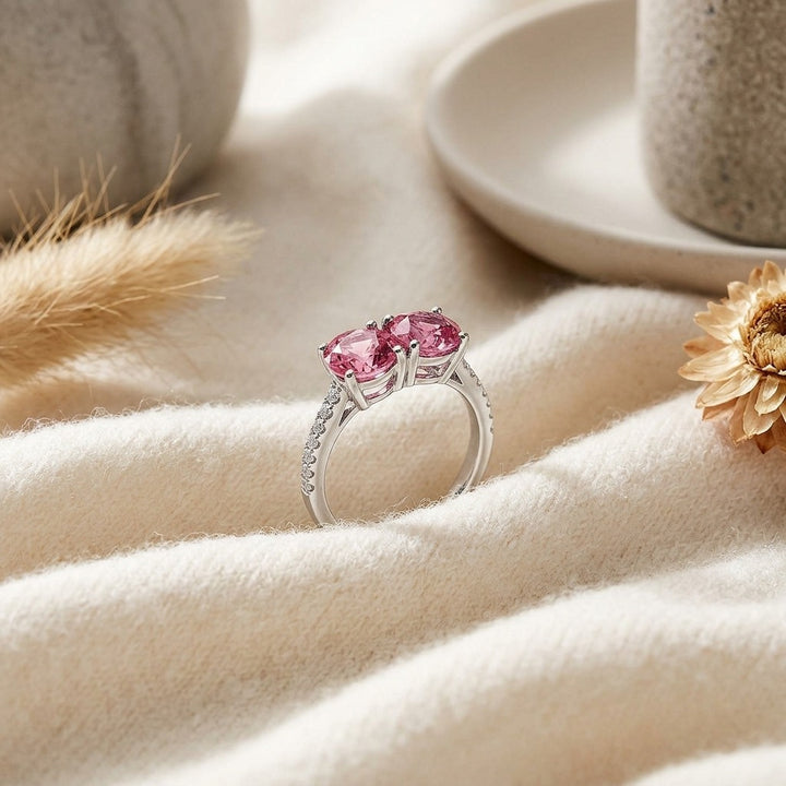 Pink Tourmaline Double Stone & Diamond Pave Shank Ring in 14K White Gold - flat lay