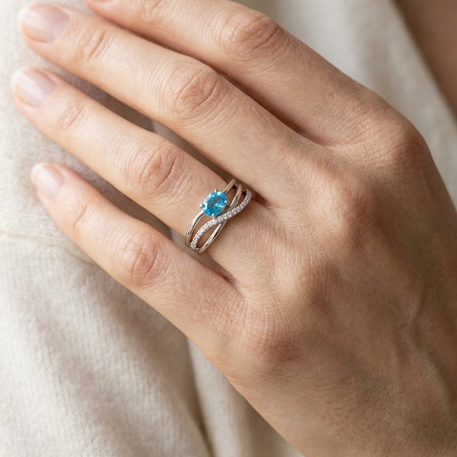 Blue Topaz and Diamond Pavé Ring in 14K White Gold, worn on hand, close-up
