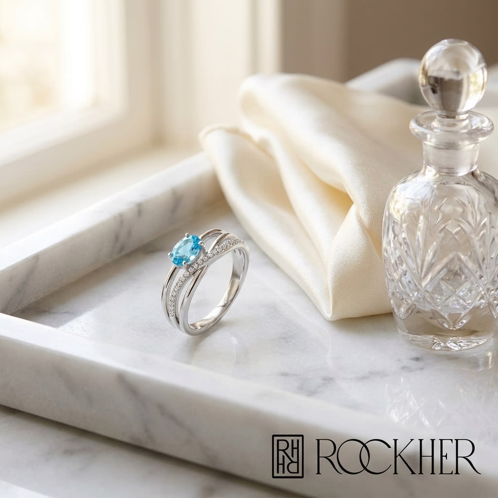 Blue Topaz and Diamond Pavé Ring in 14K White Gold, on marble vanity tray with silk
