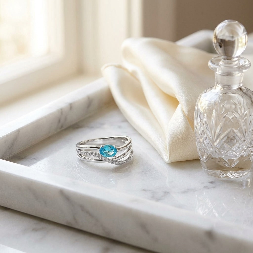 Blue Topaz & Diamond Pave Bypass Ring in 14K White Gold - editorial