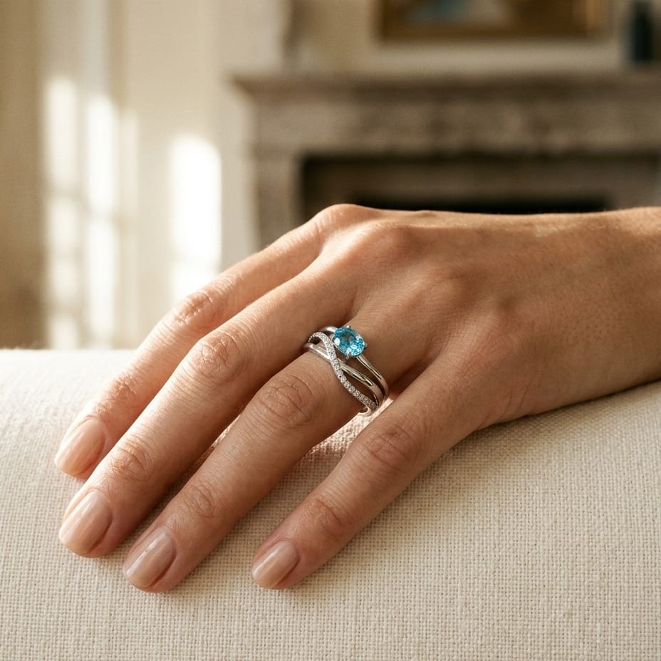 Blue Topaz & Diamond Pave Bypass Ring in 14K White Gold - lifestyle