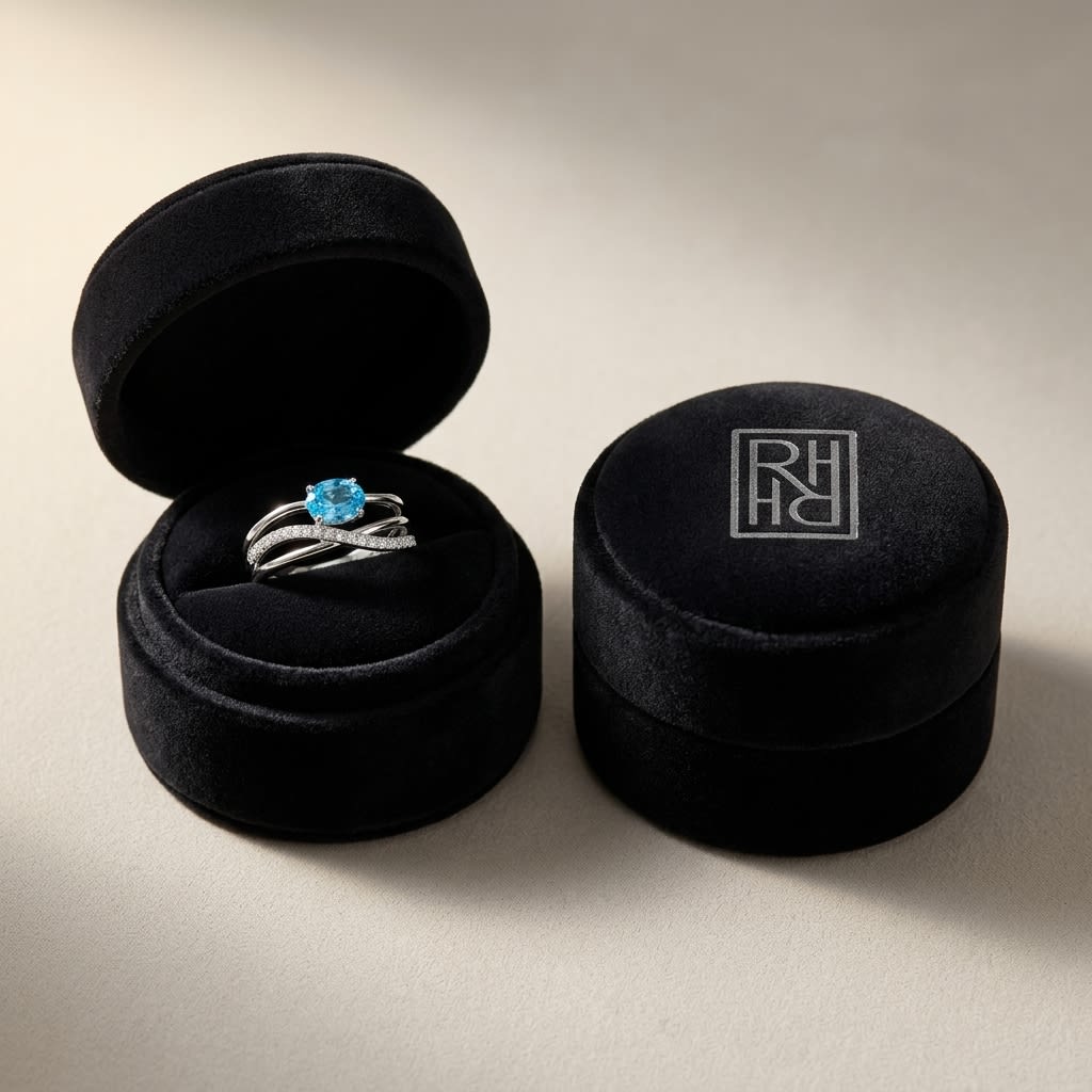 Blue Topaz and Diamond Pavé Ring in 14K White Gold, in navy velvet jewelry box