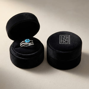 Blue Topaz and Diamond Pavé Ring in 14K White Gold, in navy velvet jewelry box