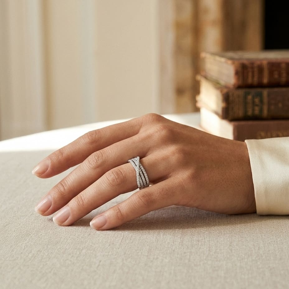 Diamond Pave Criss Cross Multi Row Band in 14K White Gold - lifestyle