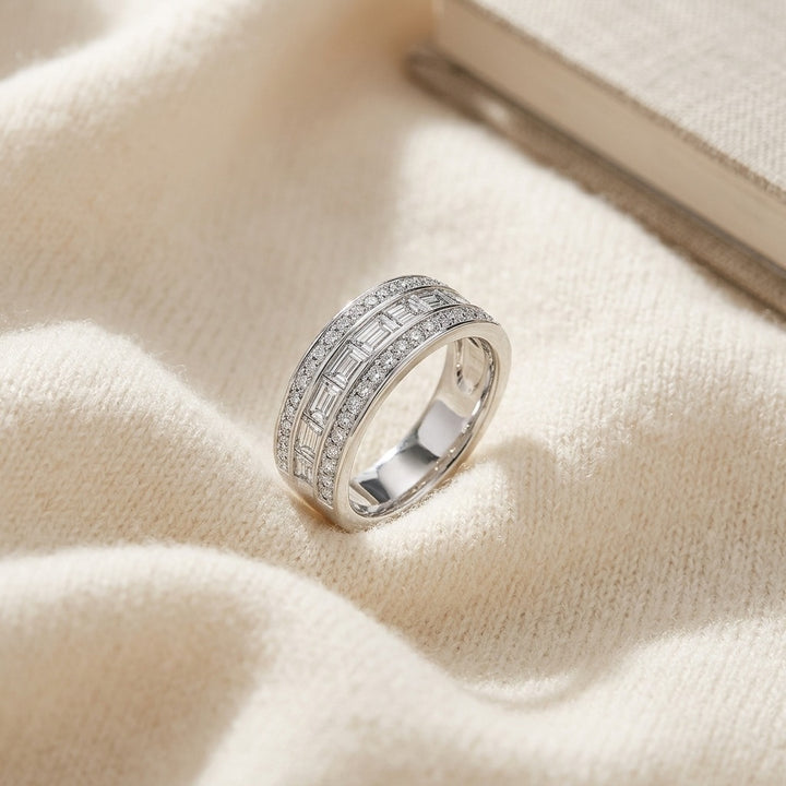 Diamond Multi-Row Band with Baguette Channel Center & Pave Edges in 14K White Gold - flat lay