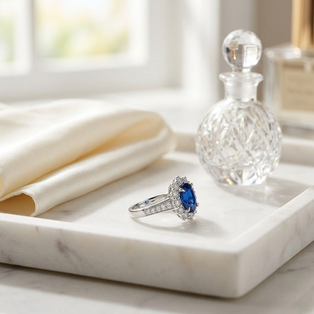 Sapphire & Diamond Oval Ring with Prong-Set Frame & Graduated Shank in 14K White Gold - editorial