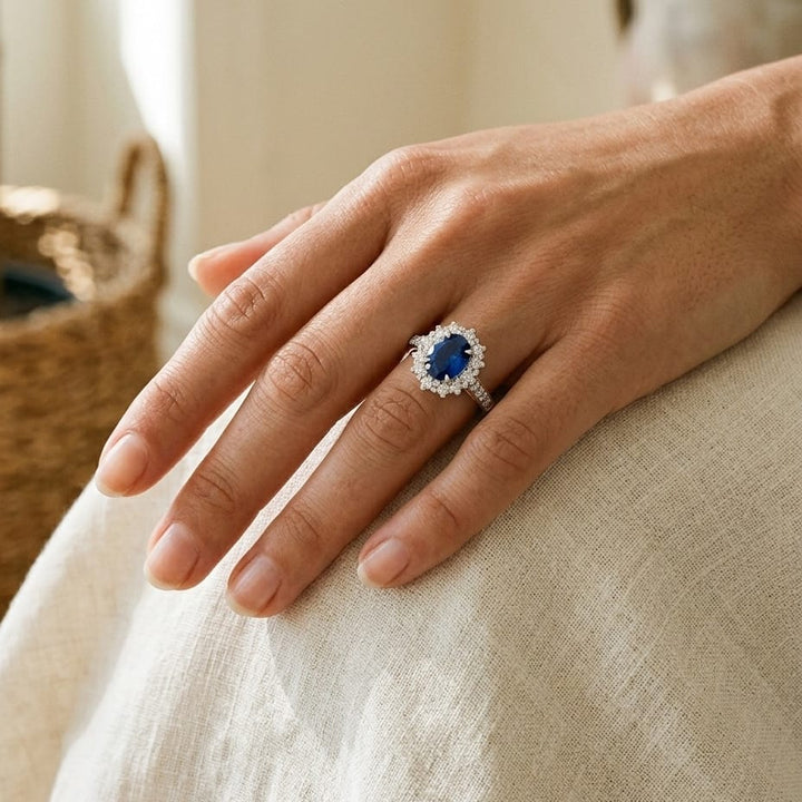 Sapphire & Diamond Oval Ring with Prong-Set Frame & Graduated Shank in 14K White Gold - lifestyle