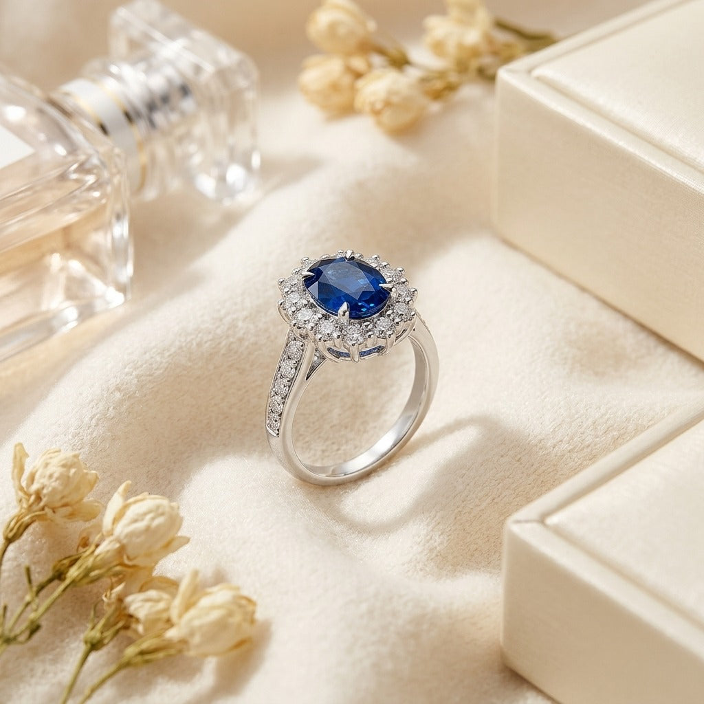 Sapphire & Diamond Oval Ring with Prong-Set Frame & Graduated Shank in 14K White Gold - flat lay