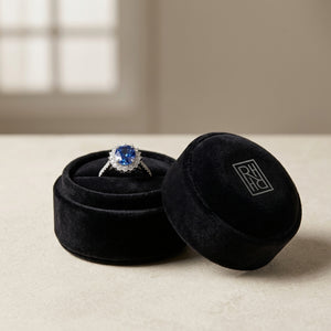 Sapphire & Diamond Oval Ring with Prong-Set Frame & Graduated Shank in 14K White Gold - presentation
