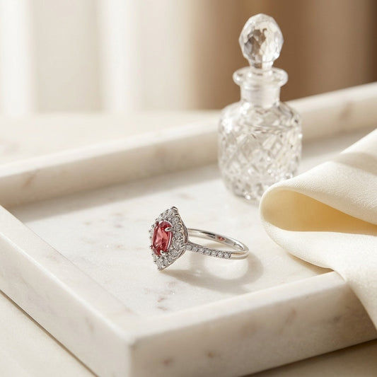 Pink Tourmaline & Diamond Oval Illusion Bezel Ring with Prong-Set Border & Shank in 14K White Gold - editorial