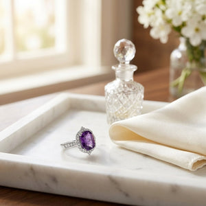 Amethyst Elongated Cushion Shield Ring with Diamond Border & Tapered Shank in 14K White Gold - editorial