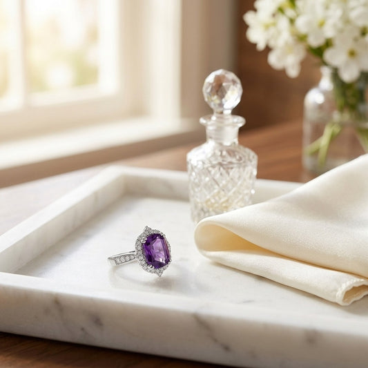 Amethyst Elongated Cushion Shield Ring with Diamond Border & Tapered Shank in 14K White Gold - editorial