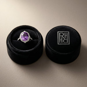 Amethyst Elongated Cushion Shield Ring with Diamond Border & Tapered Shank in 14K White Gold - presentation
