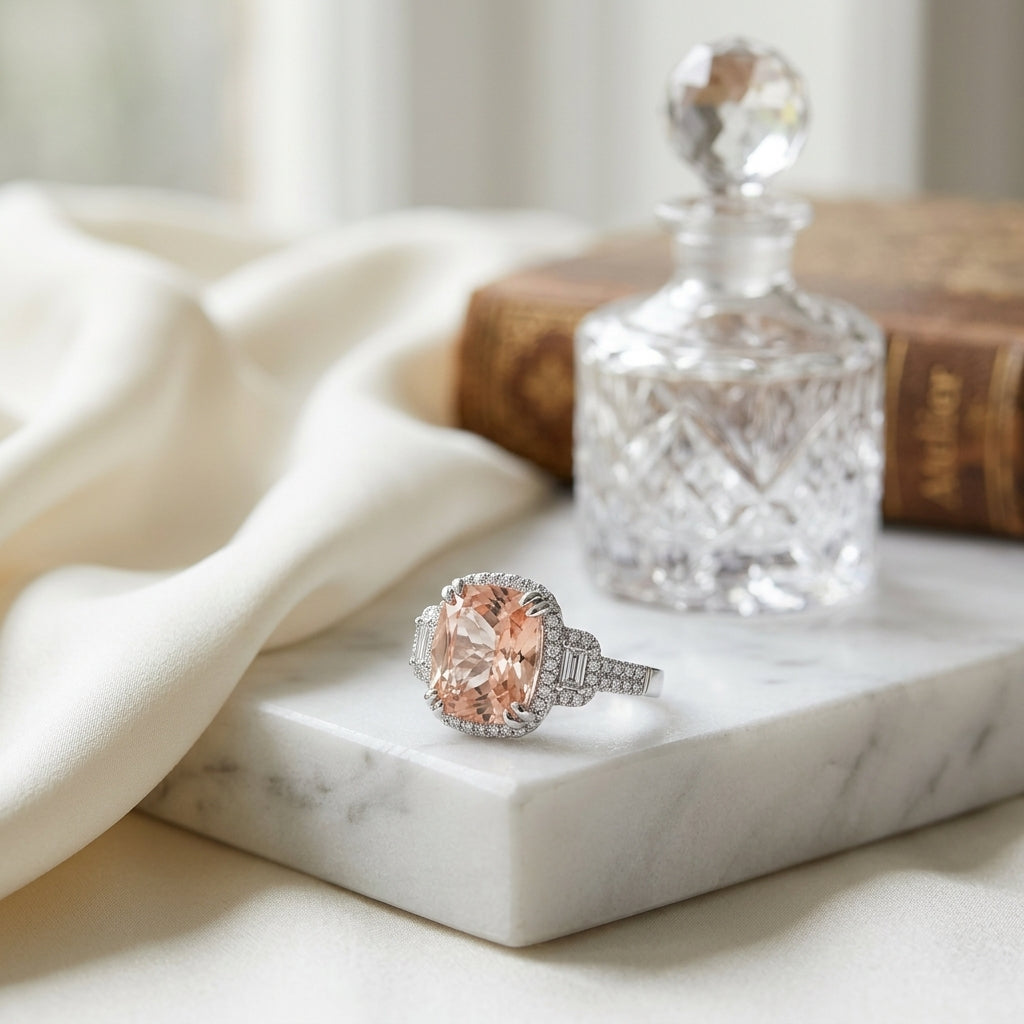 Morganite & Diamond Cushion Halo Ring with Baguette Shoulders & Pave Double Row Shank in 14K White Gold - editorial