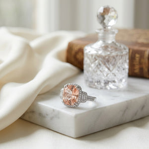 Morganite & Diamond Cushion Halo Ring with Baguette Shoulders & Pave Double Row Shank in 14K White Gold - editorial