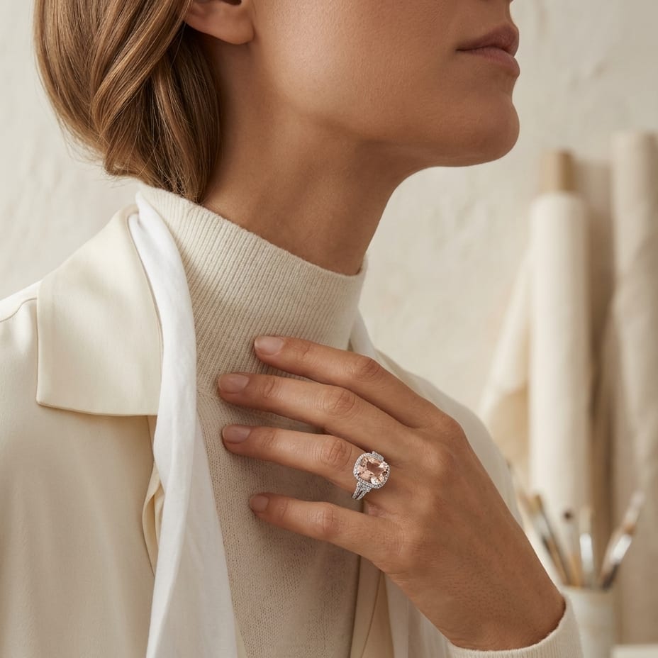 Morganite & Diamond Cushion Halo Ring with Baguette Shoulders & Pave Double Row Shank in 14K White Gold - lifestyle