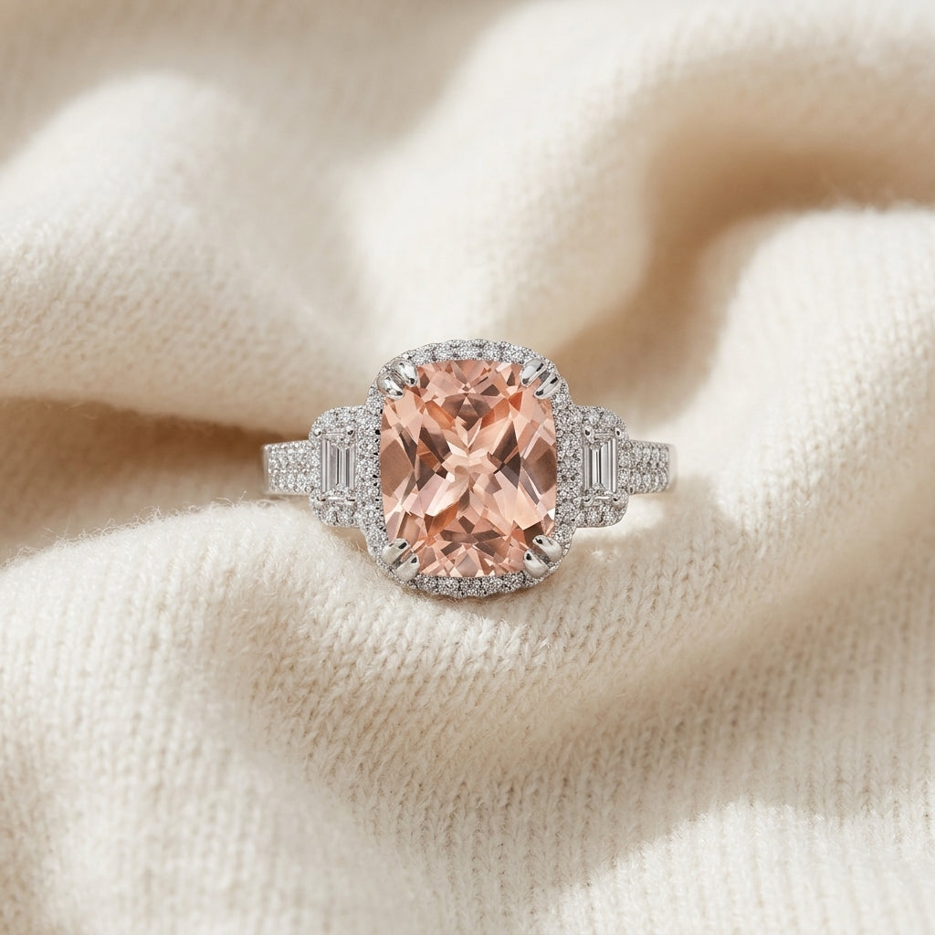 Morganite & Diamond Cushion Halo Ring with Baguette Shoulders & Pave Double Row Shank in 14K White Gold - flat lay