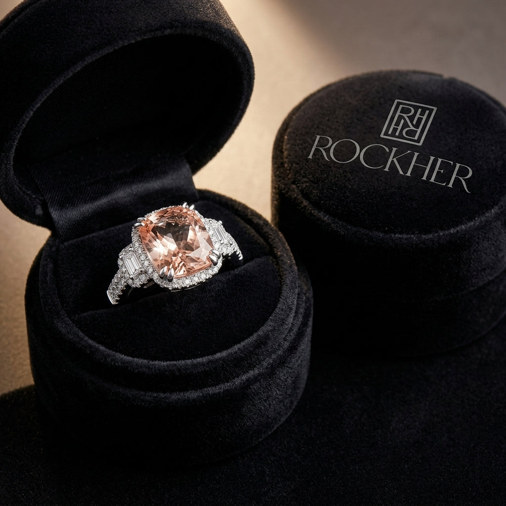 Morganite & Diamond Cushion Halo Ring with Baguette Shoulders & Pave Double Row Shank in 14K White Gold - presentation