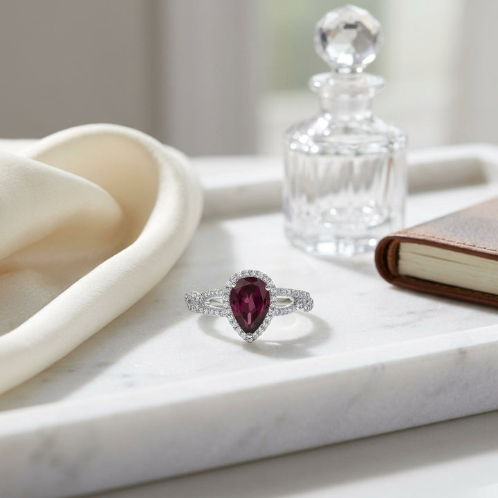 Rhodolite Garnet & Diamond Pear-Shape Halo Ring with Open Link Shoulders in 14K White Gold - lifestyle