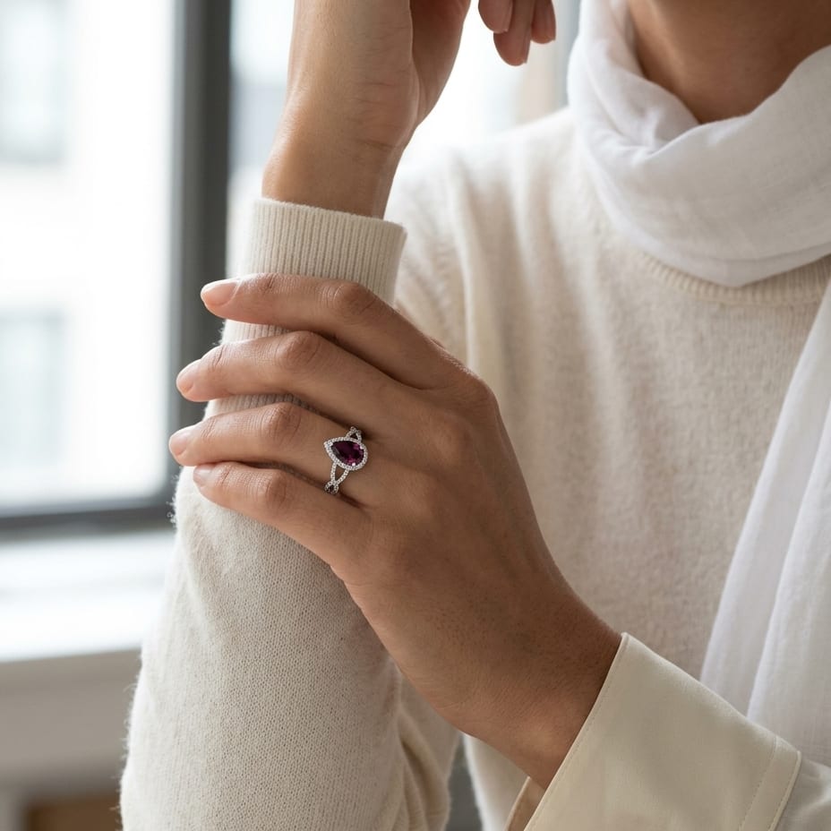 Rhodolite Garnet & Diamond Pear-Shape Halo Ring with Open Link Shoulders in 14K White Gold - editorial