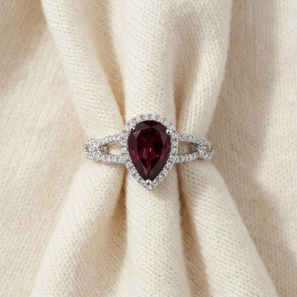 Rhodolite Garnet & Diamond Pear-Shape Halo Ring with Open Link Shoulders in 14K White Gold - flat lay