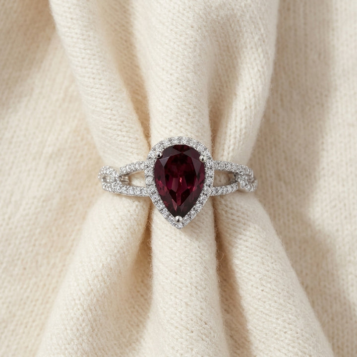 Rhodolite Garnet & Diamond Pear-Shape Halo Ring with Open Link Shoulders in 14K White Gold - flat lay