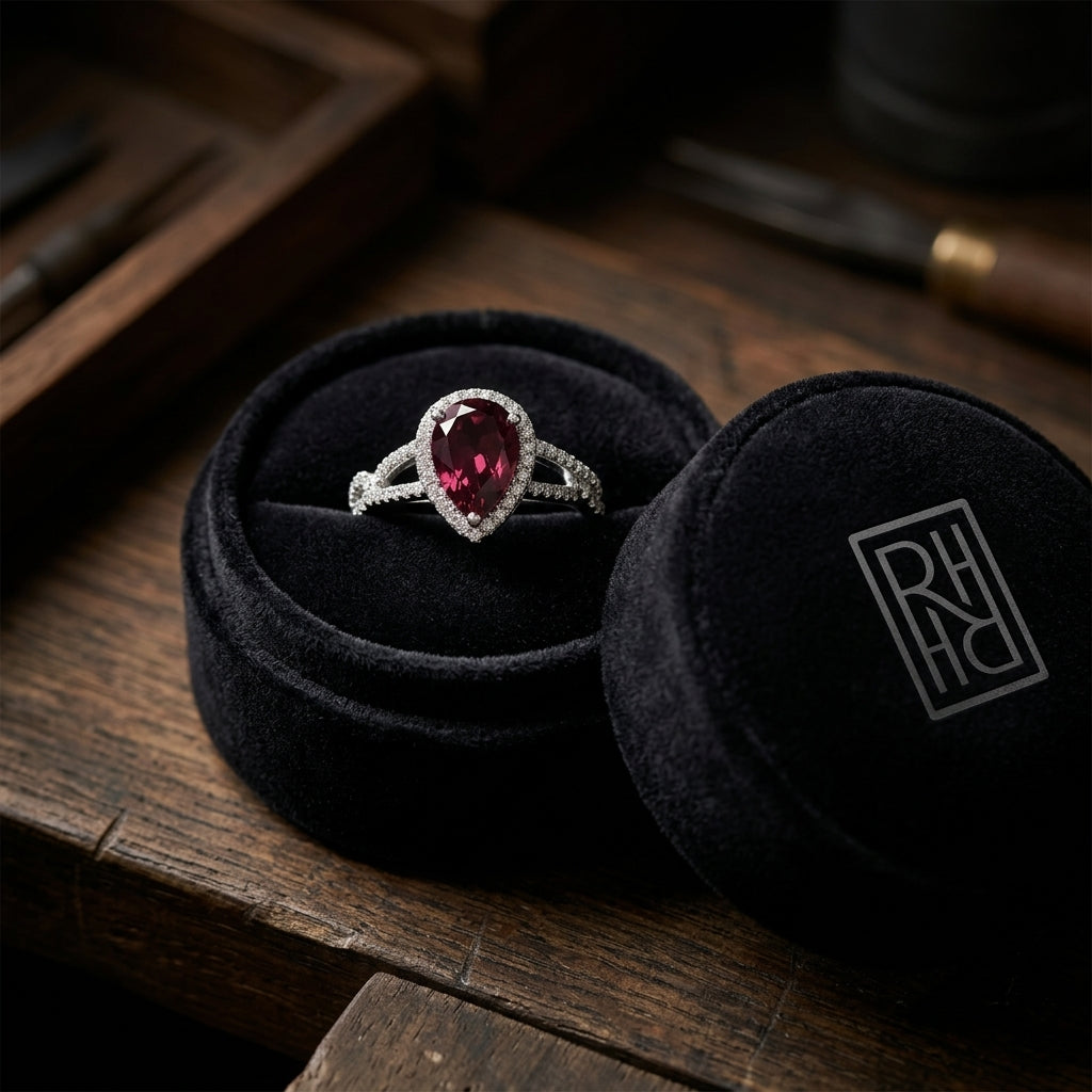 Rhodolite Garnet & Diamond Pear-Shape Halo Ring with Open Link Shoulders in 14K White Gold - presentation