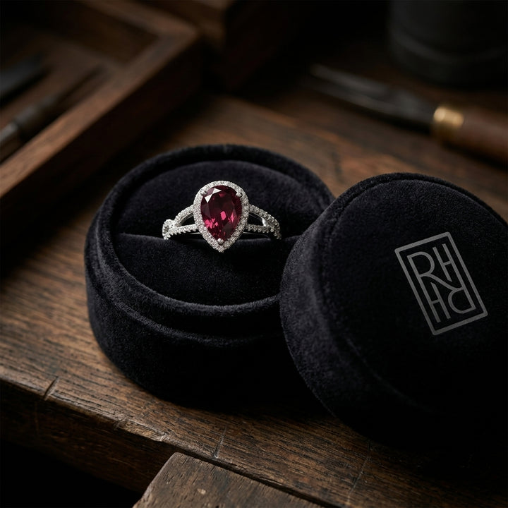 Rhodolite Garnet & Diamond Pear-Shape Halo Ring with Open Link Shoulders in 14K White Gold - presentation