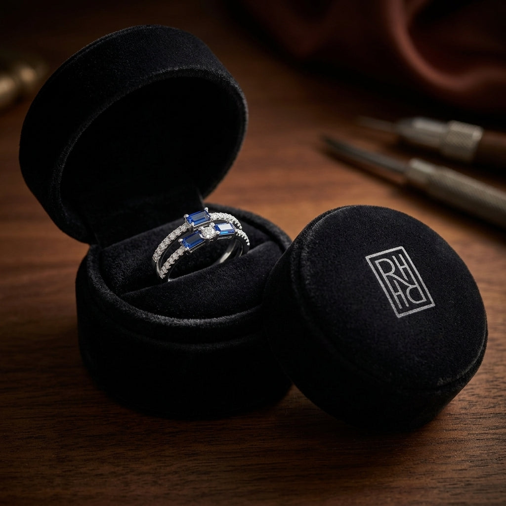 Diamond 2/3ctw & Blue Sapphire Ring in 14K White Gold - presentation