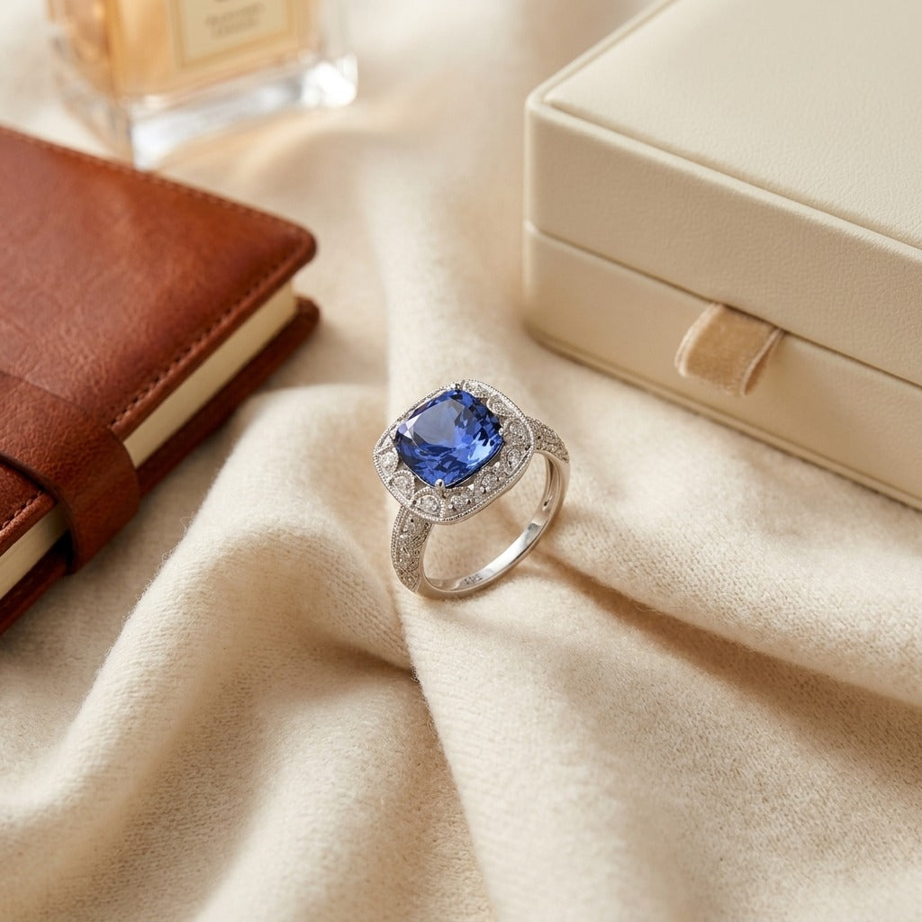 Amethyst Cushion & Diamond 1/5ctw Ring in 14K White Gold - flat lay