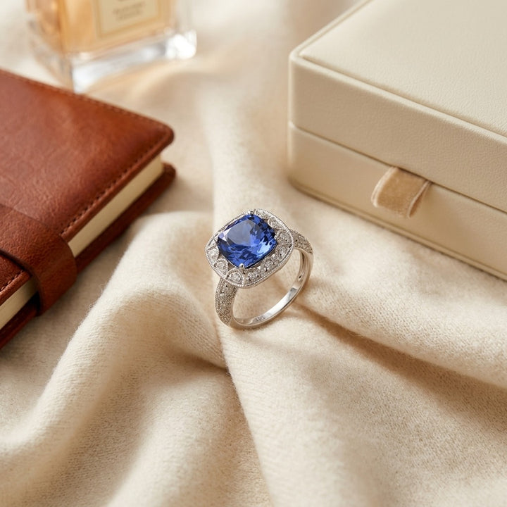 Amethyst Cushion & Diamond 1/5ctw Ring in 14K White Gold - flat lay