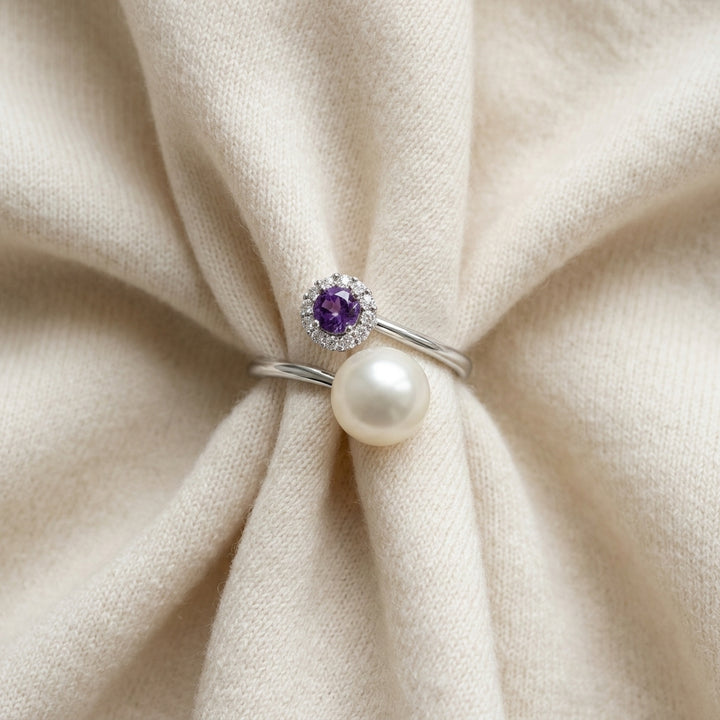 Freshwater Pearl Amethyst & Diamond Twist Shank Ring in 14K White Gold - flat lay