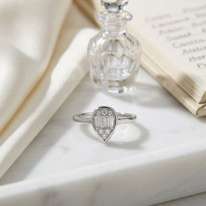 Diamond Round & Baguette Pear Shape Composite Ring in 14K White Gold - editorial