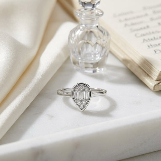 Diamond Round & Baguette Pear Shape Composite Ring in 14K White Gold - editorial