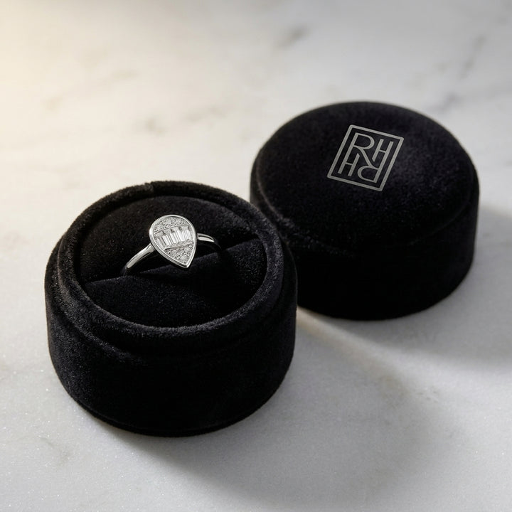 Diamond Round & Baguette Pear Shape Composite Ring in 14K White Gold - presentation